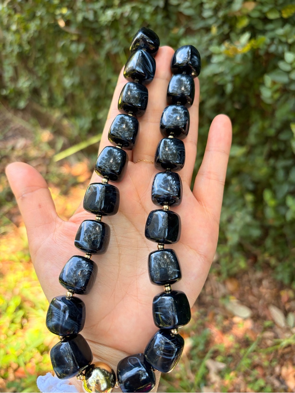 Statement Black Beaded Necklace with Gold Accent - Picture 5 of 5